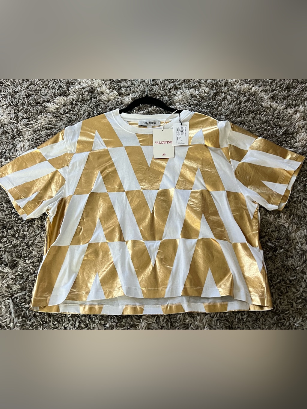 Valentino Garavani White And Gold Metallic Cropped T-Shirt